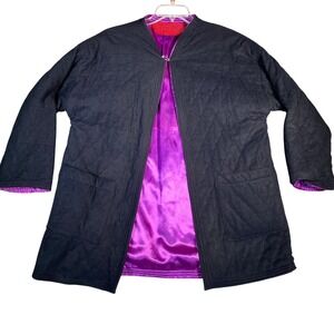 Vintage REIKO Quilted Kimono Jacket Black Purple Satin Lined Open Front Pockets